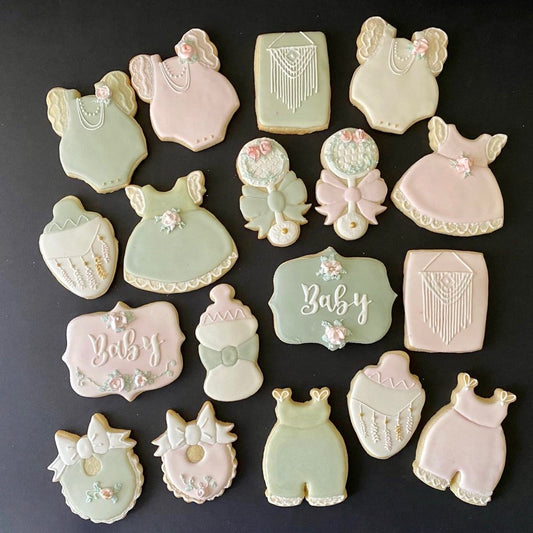 Classical Pastel pink and Sage Green Baby shower Sugar cookies